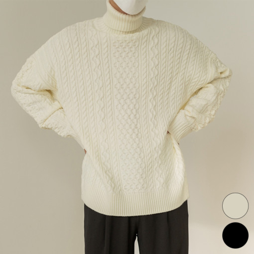 꽈베기 터틀넥 목폴라 니트 멀티 케이블 남여공용 오버핏 스웨터 2색상
