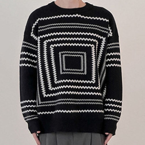남녀공용 오버핏 니트 미니멀 패턴 스웨터 아이보리 블랙 2색상