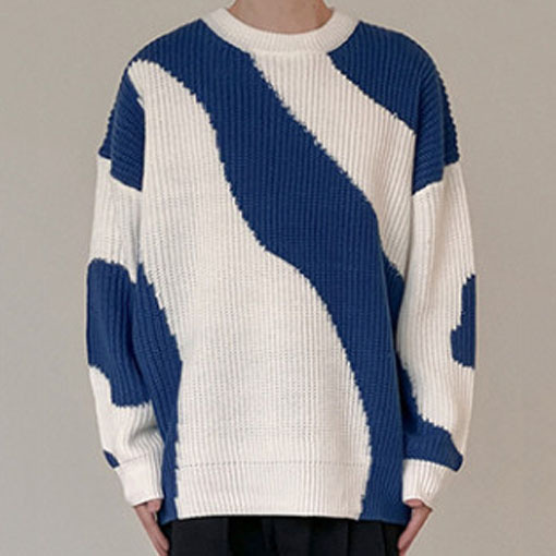 웨이브 컬러 라인 오버핏 니트 유니크 스웨터 2색상