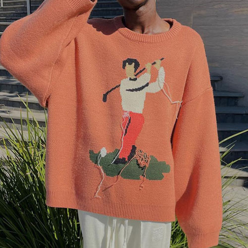 남자 골프 니트 오버핏 트랜디 오렌지 스웨터