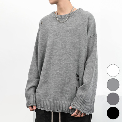 데미지 워싱 찢어진 남자 니트 오버핏 힙합스타일 스웨터 4색상