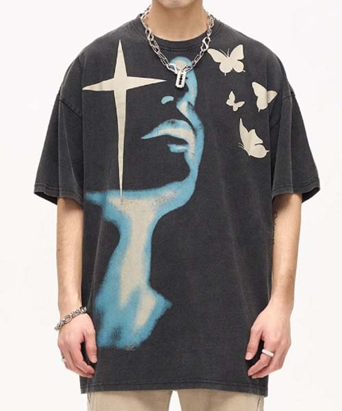 나비 프린트 반팔 센스 오버핏 남녀공용 루즈핏 티셔츠